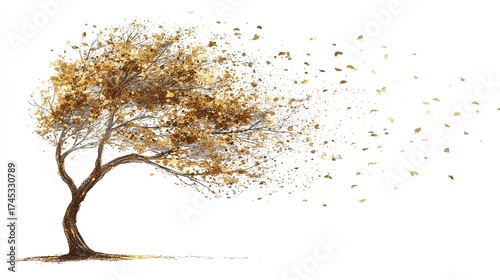 Artistic depiction of a tree losing leaves in a strong wind, autumn-themed with shades of gold