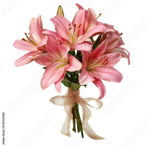 A beautiful bouquet of pink lilies tied with a decorative ribbon, isolated on a transparent background