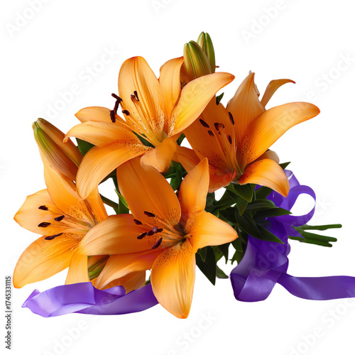 A beautiful bouquet of vibrant orange lilies with green leaves and a purple ribbon, isolated on transparent background