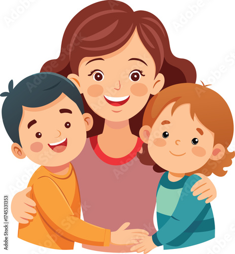 Cartoon Mother Hugging Children – Happy Family Vector Scene