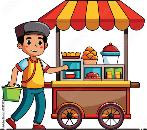 Cartoon Street Food Vendor with Colorful Snack Cart – Urban Market Vector