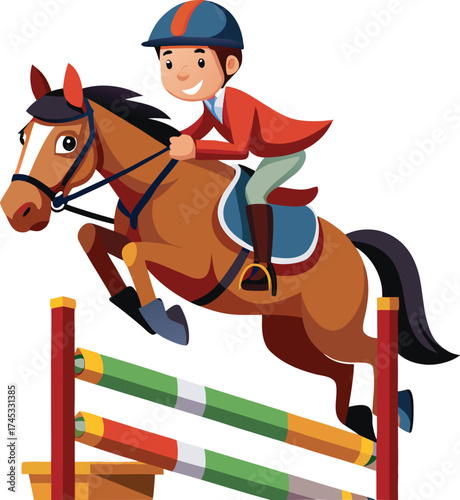 Cartoon Horse Jumping with Rider – Equestrian Sport Vector for Kids