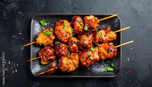 Grilled chicken skewers on dark rectangular plate