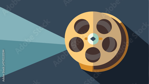 A closeup of a film projectors reel with light streaming through casting intricate shadows that form iconic cinematic symbols.