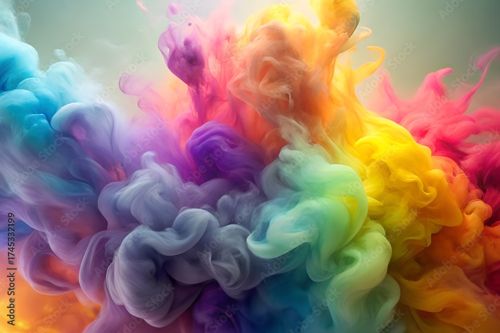 Obraz premium A dynamic explosion of colorful paint swirls and clouds, creating a mesmerizing abstract art piece underwater