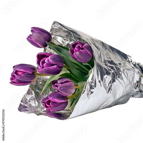 A beautiful bouquet of vibrant purple tulips, elegantly wrapped in shimmering silver foil, isolated on a transparent background, perfect for spring celebrations and floral arrangements