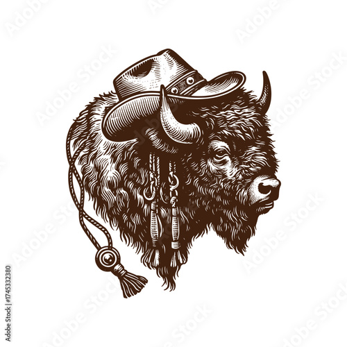 Cowboy Bison Head in Shield – Vintage Woodcut Style Illustration