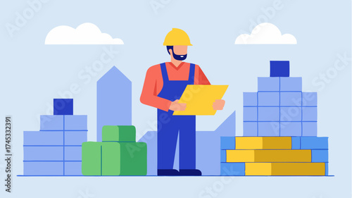 A construction worker reviewing large blueprints on site surrounded by piles of building materials like bricks lumber and steel beams.