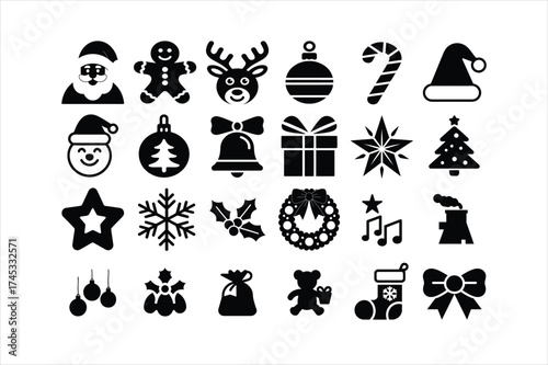 Charming black and white christmas icon set featuring 24 festive symbols - santa claus, gingerbread, man, reindeer, ornament, candy cane etc perfect for holiday design projects and celebrations