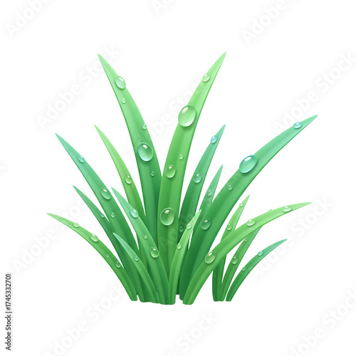Realistic grass tuft , a detailed 3D illustration of a vibrant green grass tuft covered in realistic morning dew drops. Isolated object with a transparent background, perfect for nature, ecology
