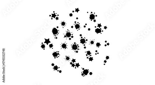 Abstract Black Ink Splatters and Starbursts on Clean White Background.