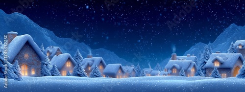 Snowy village landscape under a starry winter night sky with glowing windows and covered rooftops