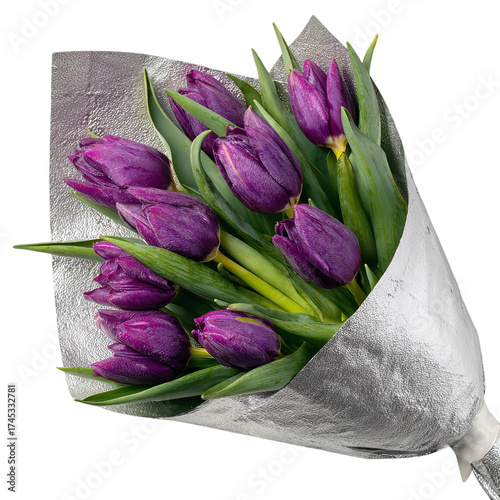 A beautiful bouquet of vibrant purple tulips, elegantly wrapped in shimmering silver paper, presented on a clean transparent background