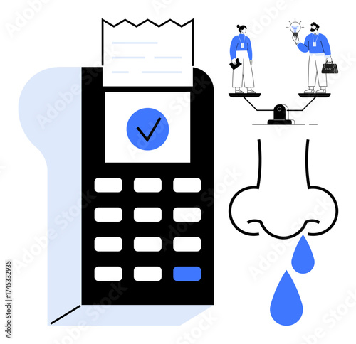 Receipt checker with printed slip, two people with magnifier and lightbulb, dripping nose. Ideal for payment, analysis, allergy management, creativity, problem-solving teamwork health. Simple flat