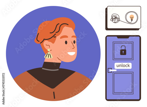 Side profile of a woman with an earring, a tangled line leading to a lightbulb, and a door unlocking. Ideal for problem-solving, creativity, innovation, unlocking potential, decision-making, growth