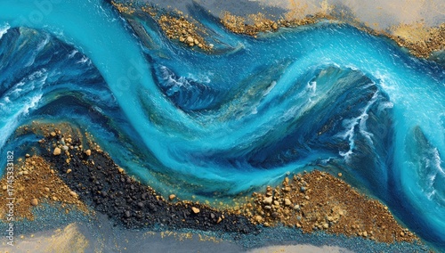 Aerial Turquoise river flows between golden/dark rock banks