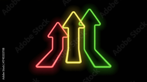 Three neon arrows pointing upwards in red, yellow, and green, symbolizing progress, direction, and growth against a dark background