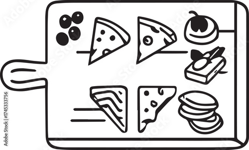 vector illustration of charcuterie board with cheese, appetizer, ham, olives, restaurant, tapas, spanish food