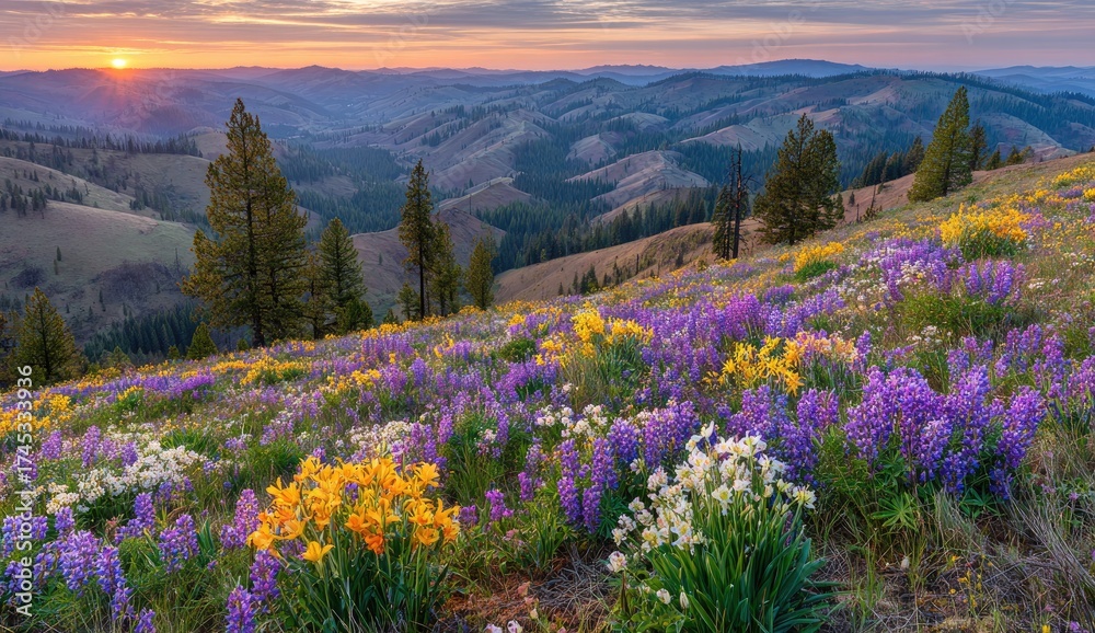Obraz premium Sunset wildflowers on rolling hills. Breathtaking nature