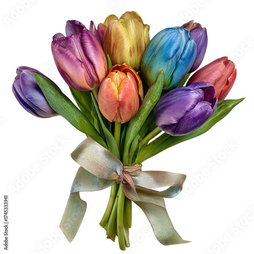 A vibrant bouquet of colorful tulips, including purple, orange, yellow, and blue, tied with a decorative ribbon and isolated on a transparent background