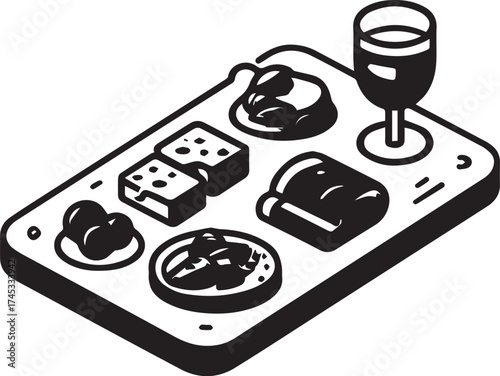 vector illustration of charcuterie board with cheese, appetizer, ham, olives, restaurant, tapas, spanish food