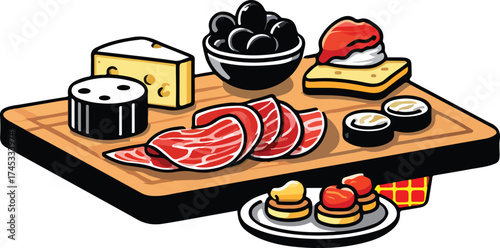 vector illustration of charcuterie board with cheese, appetizer, ham, olives, restaurant, tapas, spanish food