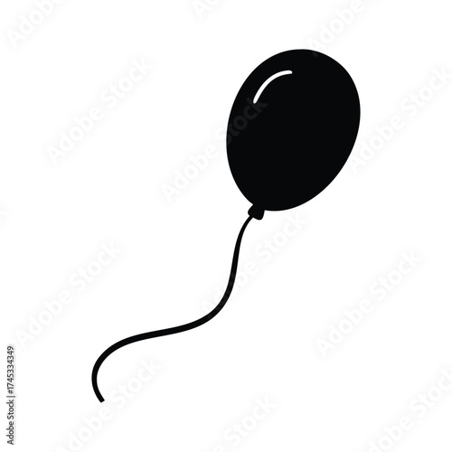 Simple black balloon floating gracefully with a curved string party celebration event decoration graphic element