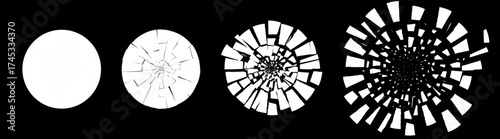 Shattered glass circle explosion with sharp glowing fragments. Abstract geometric vector background symbolizing impact, crash or power. Modern vfx design for poster or digital art.