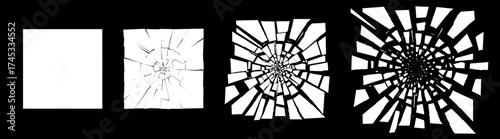 Square shattered glass pattern with flying fragments. Abstract burst vector background in black and white. Perfect for motion, explosion or sci fi digital effect concepts.