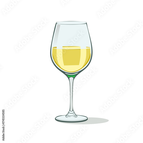 Stylized illustration of a clear wine glass filled with delicious golden white wine beverage.