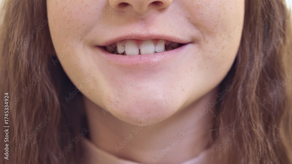 Fototapeta premium Close-up of a smiling woman's mouth with healthy teeth and gums. Long brown hair frames her face.