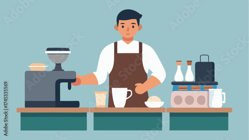 A barista preparing espresso at a polished marble counter with steaming coffee cups and various coffeemaking equipment displayed behind.