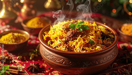 Aromatic and steaming hot Indian biryani served in a traditional clay pot