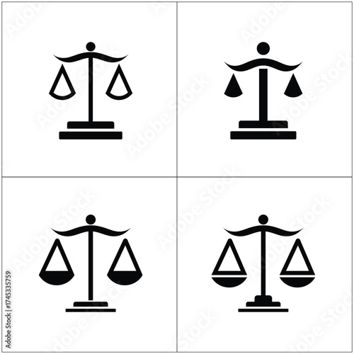 Four Black Balance Scale Icons On White , Justice And Equality Symbols Set Concept