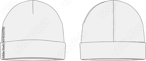 Beanie hat technical flat sketch, front and back view, folded brim, seam detail, winter knit cap design, cad drawing flat vector illustration