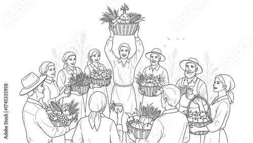 High-Quality Black Line Drawing of Farmers Celebrating Harvest with Baskets of Grains and Fruits, Minimalist Vector Illustration Representing Abundance and Community