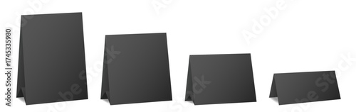 Set of table cards. Black bent sheets of different sizes. Tent table card, nameplate