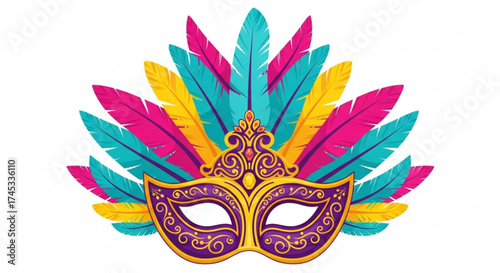 Ornate masquerade mask with vibrant feathers, a festive and decorative design element