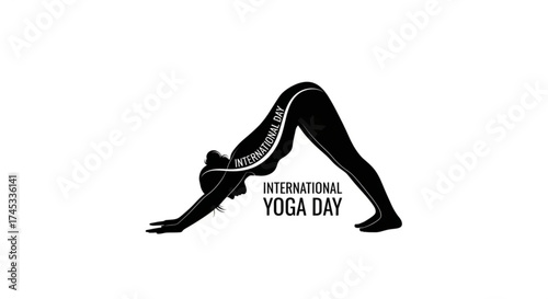 Silhouette of a woman in a yoga pose for international yoga day the silhouette is black, and the background is white the woman is in downward dog pose