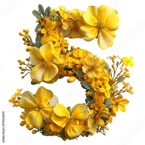 A beautiful number 5 crafted from vibrant yellow flowers and green leaves, isolated on a clean transparent background, perfect for spring or summer themes
