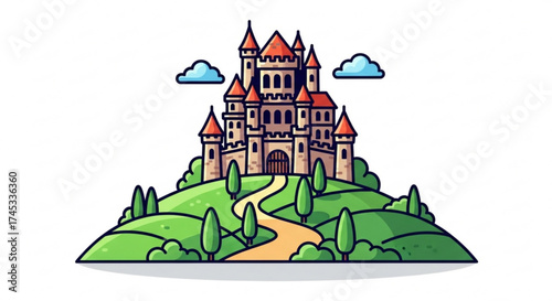 A majestic castle perched atop a verdant hill, its towers reaching for the sky, surrounded by lush greenery and a winding path leading to its grand entrance