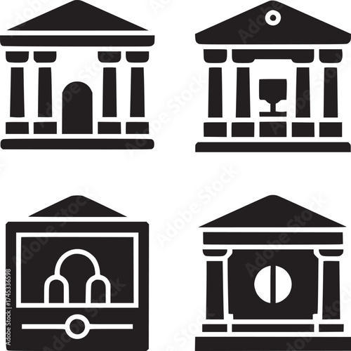Four black and white icons depicting different building structures in a simple vector style design