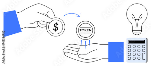 Two hands exchanging dollar coin and token, with a light bulb symbolizing innovation and a calculator for financial analysis. Ideal for trade, business growth, savings, investment, tokenization