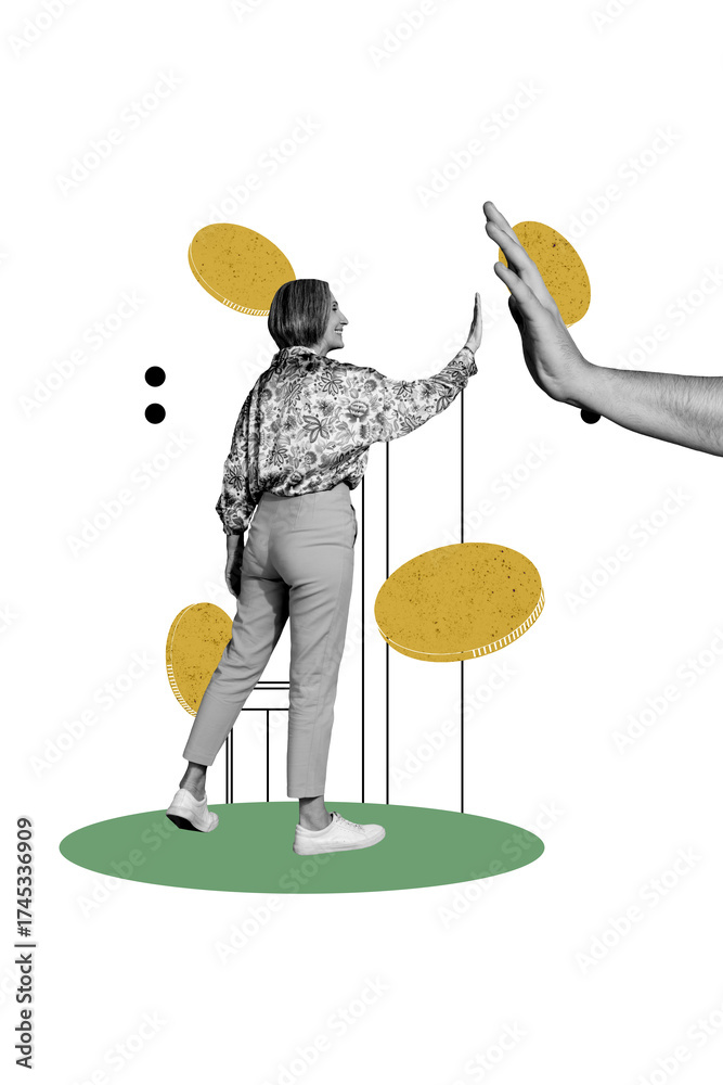 Naklejka premium Composite trend artwork sketch image 3D photo collage of money budget trader business coins aged lady stand hand gesture high five done