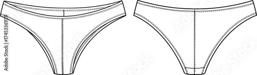Bikini panties technical flat sketch, two front view variations, seam details, waistband stitching, lingerie underwear design, cad drawing flat vector illustration