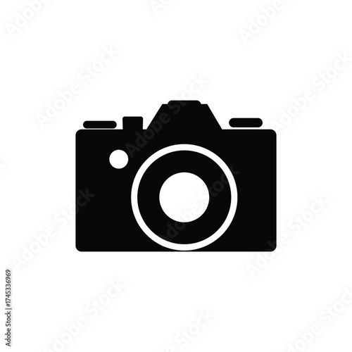 Modern Black Camera Icon with Lens on a Transparent Background