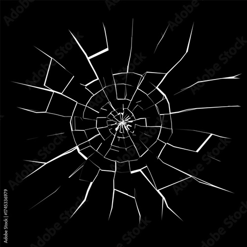 Cracked windshield texture with sharp impact lines. Minimal vector illustration for poster, repair, or digital destruction effects. Clean abstract layout with dramatic depth.