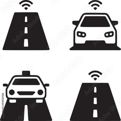 Four black and white icons depicting autonomous vehicles and roadways with wifi connectivity signals