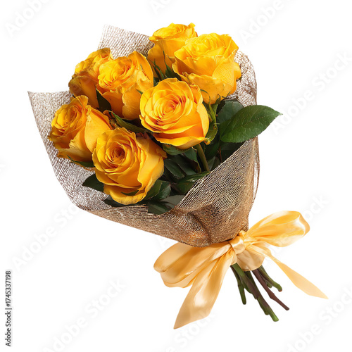 A beautiful bouquet of yellow roses, elegantly wrapped in golden paper and tied with a satin ribbon, isolated on a transparent background