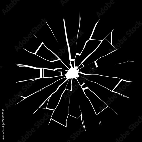 Broken glass hole with scattered sharp shards. Dark reflective surface creating impact and tension. Perfect for cinematic poster, vfx element or modern abstract background.